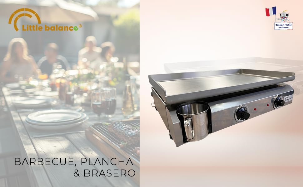 Le texte indique « my balance » et « BARBECUE, PLANCHA & BRASERO ». Image divisée montrant une scène de repas et une plaque de cuisson à plaque chauffante/plancha en acier inoxydable avec poignées.