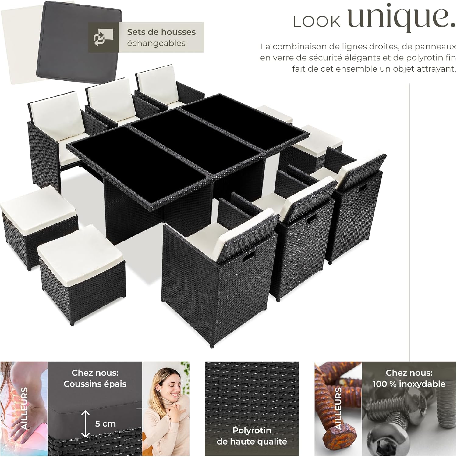 tectake - Salon de jardin Poly Rotin 10 personnes aluminium 2 housses, dimensions généreuses, noir