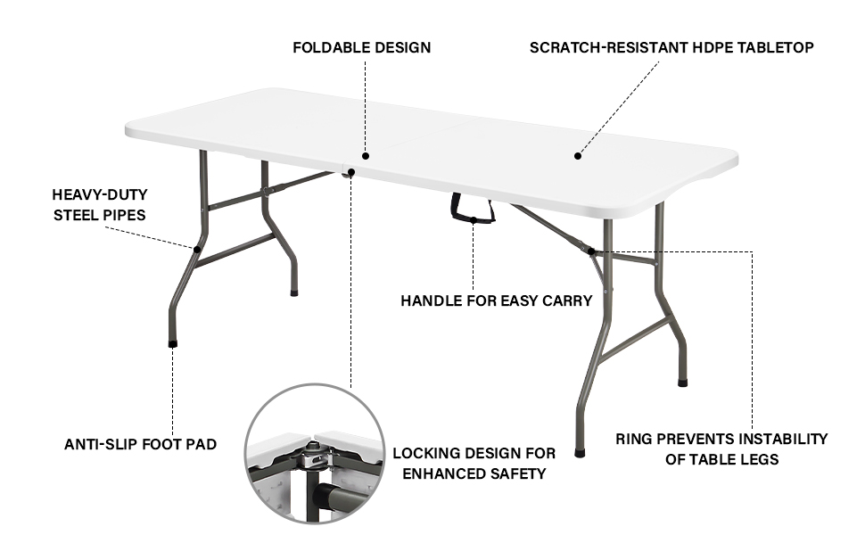 Les étiquettes textuelles incluent « DESIGN PLIABLE », « TUYAUX EN ACIER ROBUSTES », « COUSSINET ANTIDÉRAPANT POUR LES PIEDS », « L'ANNEAU EMPÊCHE L'INSTABILITÉ DES PIEDS DE TABLE ». Schéma du mécanisme de la table pliante.
