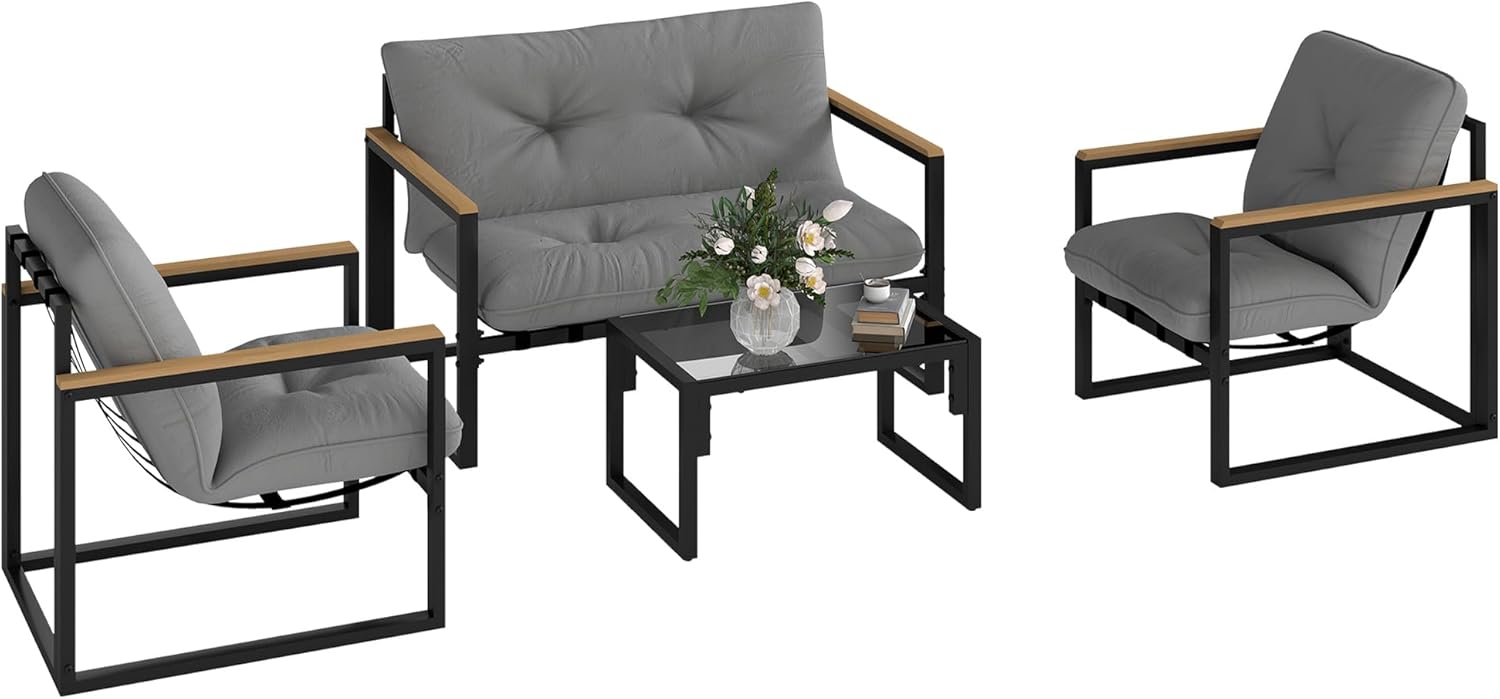Outsunny - Salon de jardin 4 places - canapé, 2 fauteuils, table en verre, coussins inclus, gris