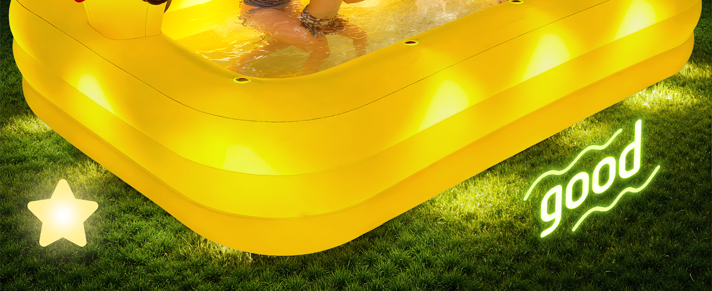 Le texte indique « bien ». Piscine gonflable jaune vif ou jouet aquatique avec motif en étoile, présenté à l'extérieur sur l'herbe.