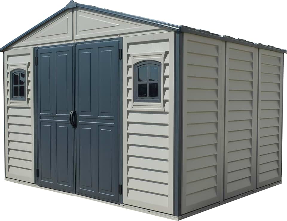 Abri de jardin Duramax WoodBridge II PLUS - 10.5 x 8 (7.64 m²) - Plastique, kit fondation, 2 fenêtres, toit métal, sans 