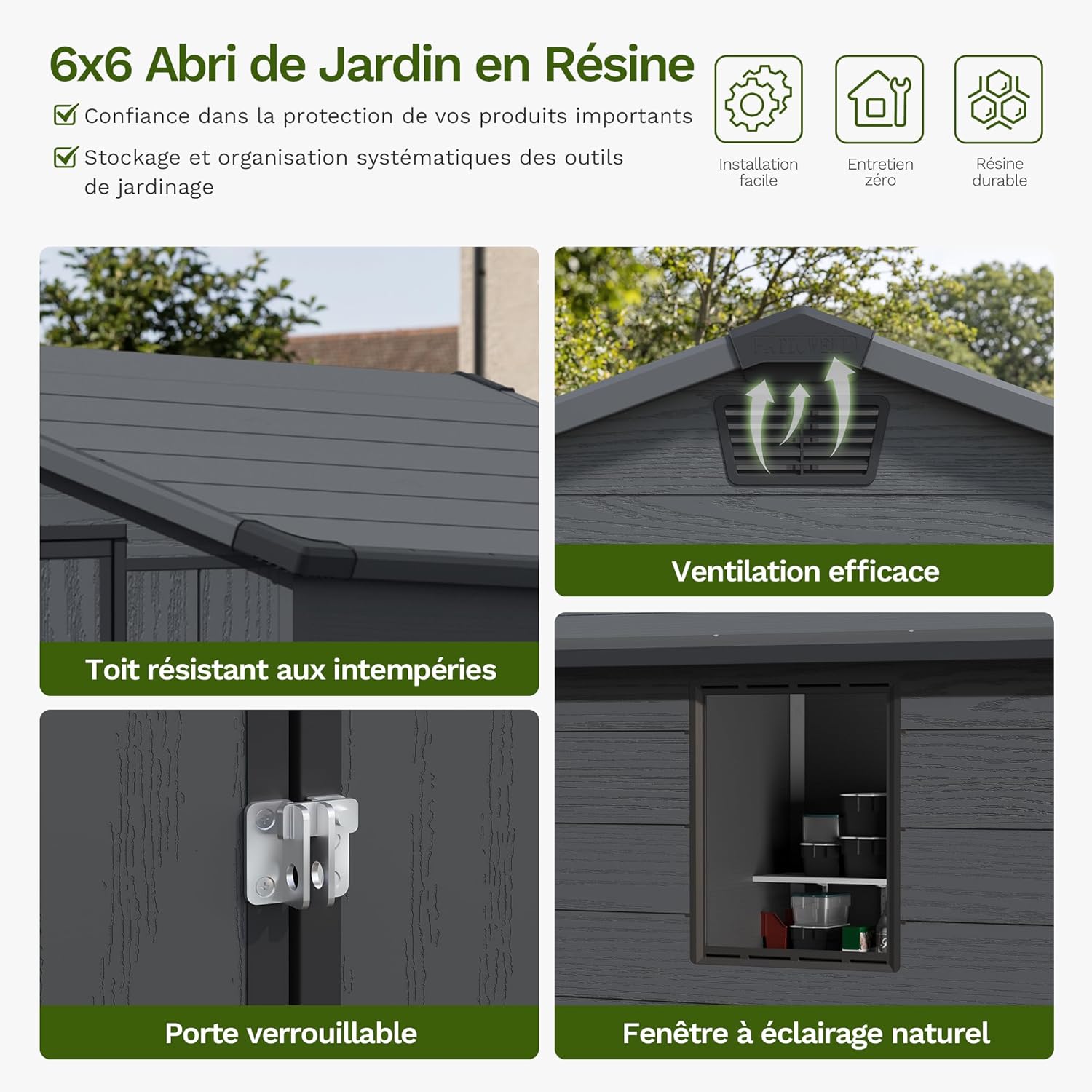 Devoko Abri de jardin extérieur en plastique avec double portes verrouillables et toit en apex – Abri de jardin pour outils de terrasse, abri pour vélo, poubelle – Résistant aux intempéries et à la