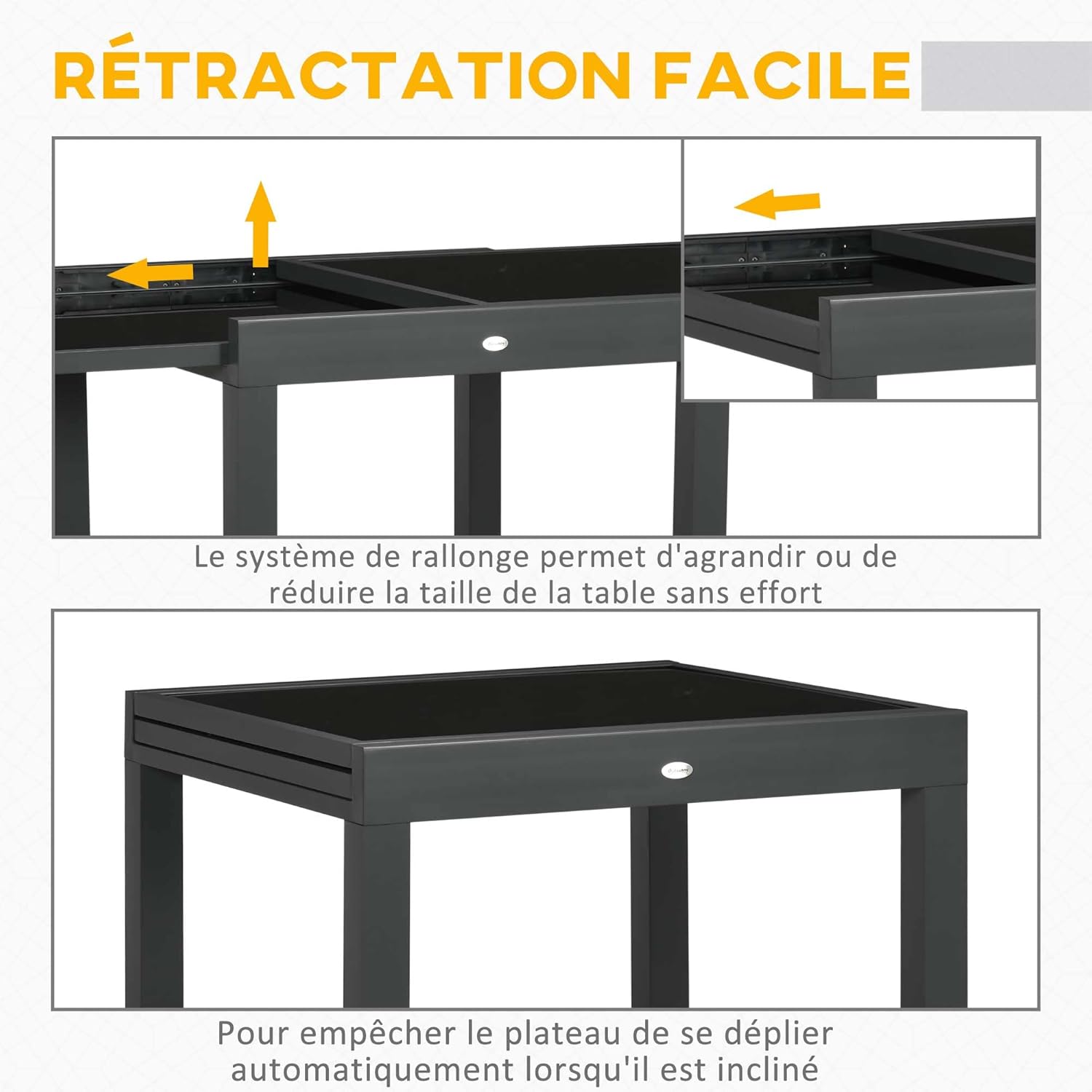 Outsunny - Table extensible jardin - 160x80x75 cm - verre noir, alu gris