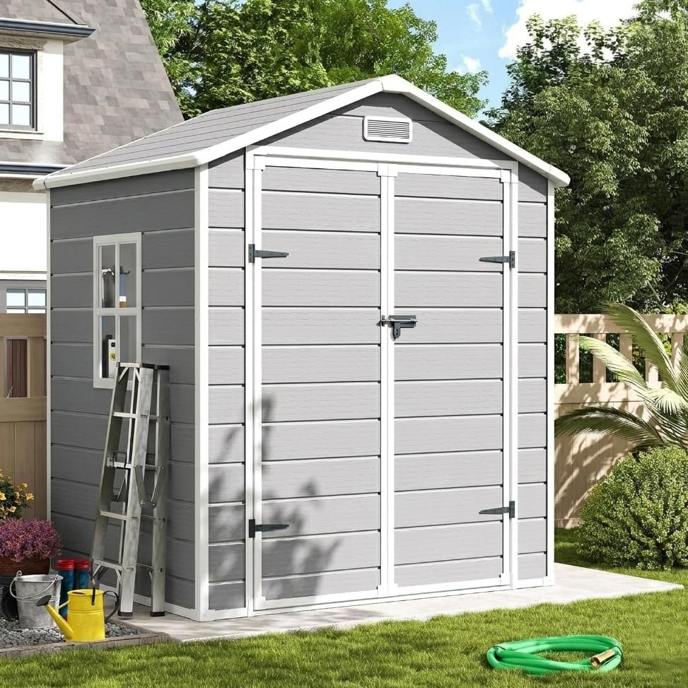 UDPATIO - Abri de jardin résine, 184x135x210cm, toit incliné, porte verrouillable, 12mm, UD184135210