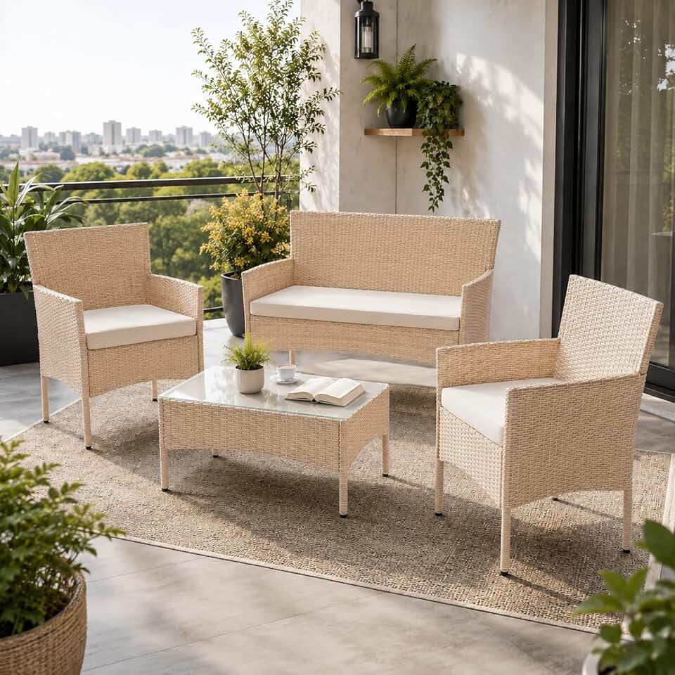 Juskys - Fort Myers - ensemble 4 places en résine tressée, canapé 2 places, fauteuils, table, coussins, mobilier extérie