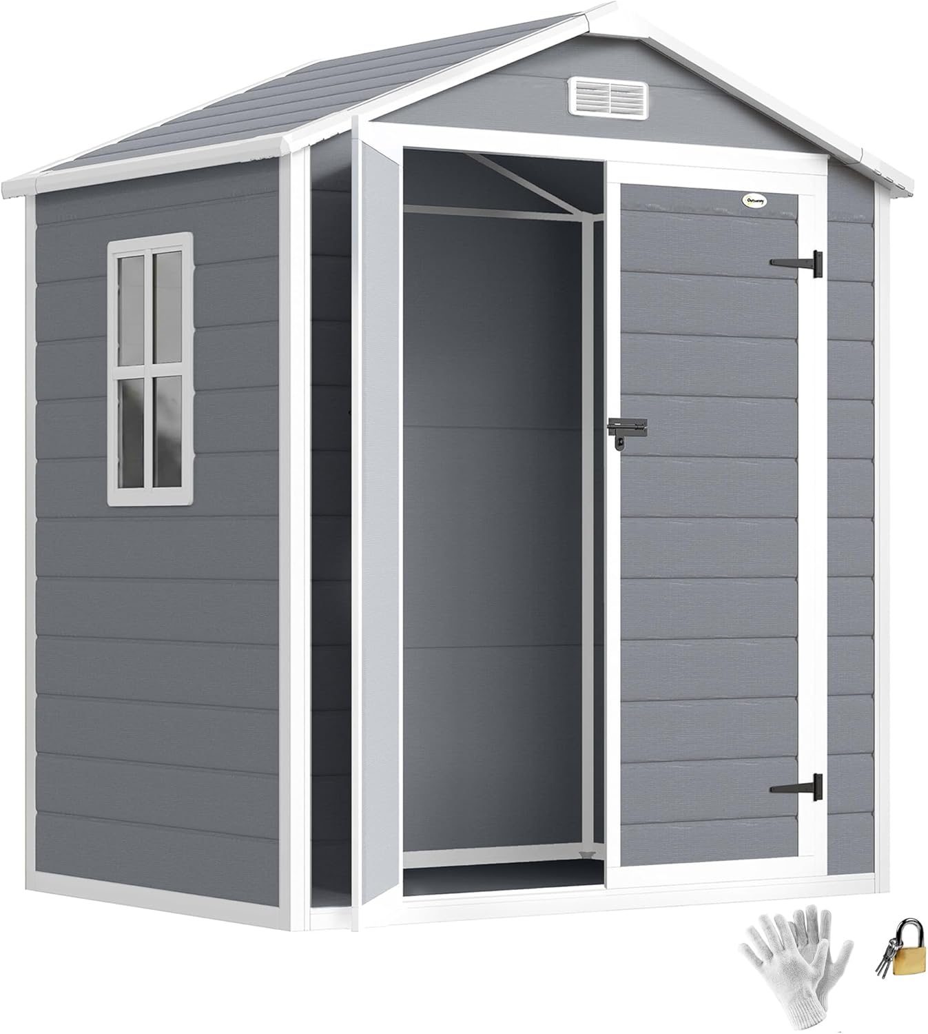 Outsunny - abri de jardin résine 2,12m², double porte, fenêtre, toit pente