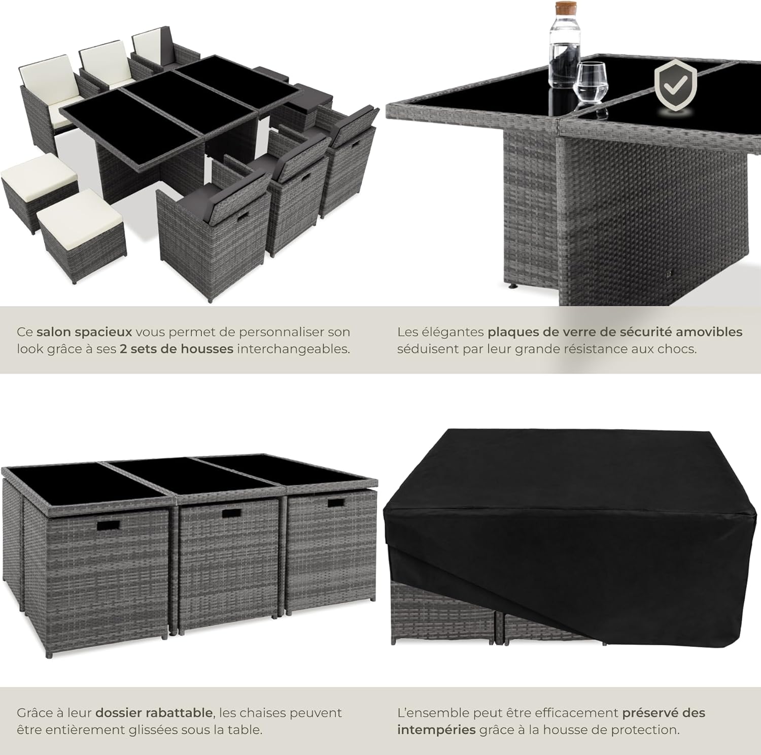 Tectake - Salon de jardin polyrotin 10 places, housses incluses, gris