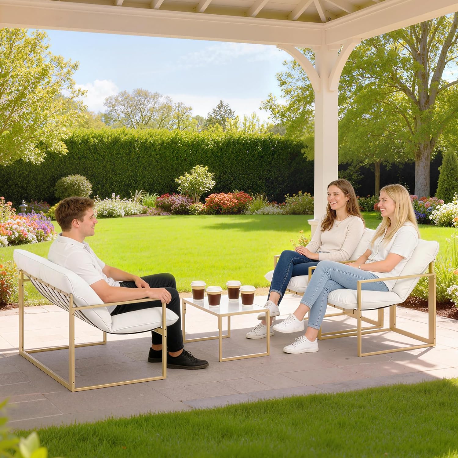 Outsunny - Salon de jardin 4 pcs - cadre acier, coussins 15cm épais