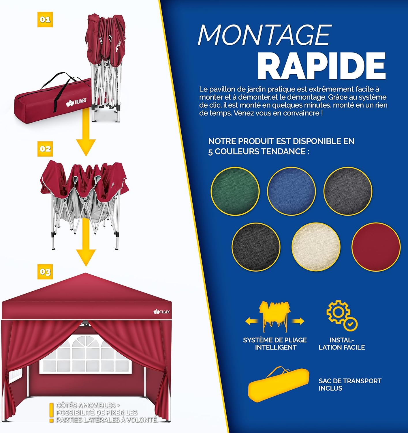 Tillvex - Tonnelle pliante série jardin 3x3m - UV 50+ camping, plage