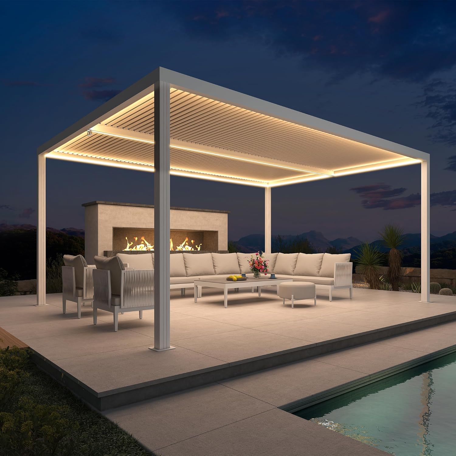 PURPLE LEAF - Pergola bioclimatique 4,84x3,68m alu, LED, gouttières