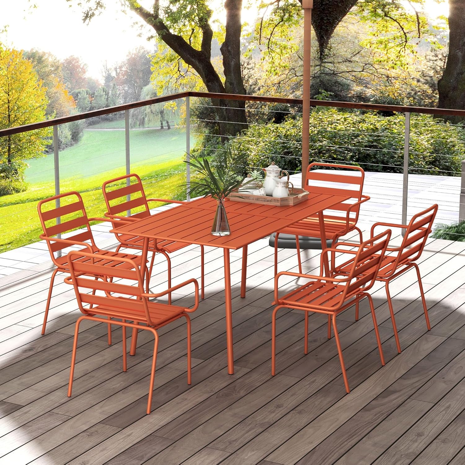 Outsunny - salon de jardin 7 pièces - table + 6 chaises acier rouge