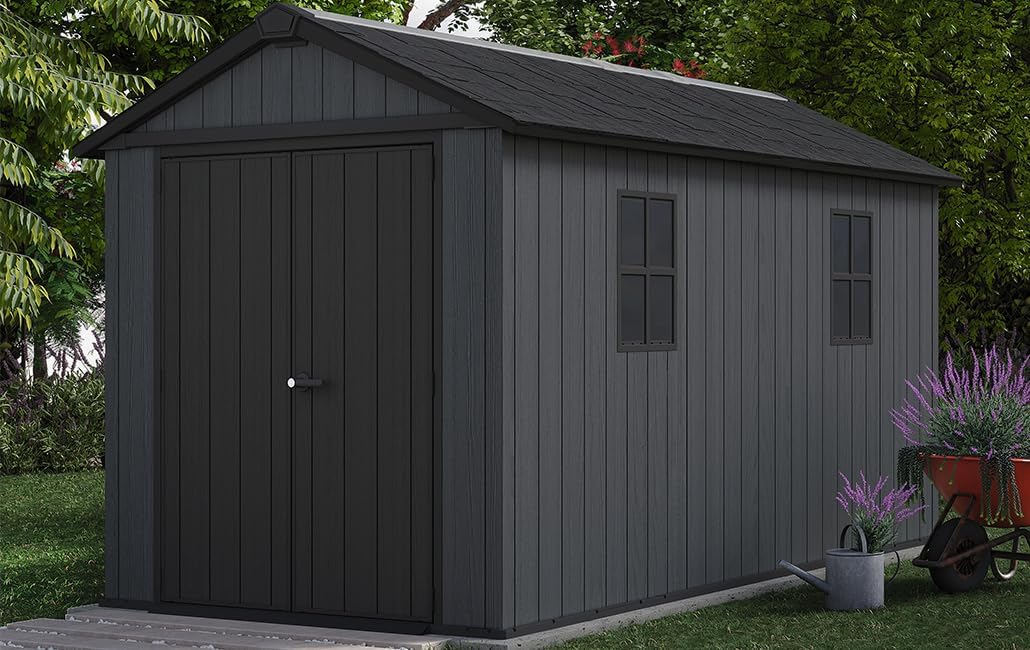 Keter Newton Plus Abri de jardin extérieur, résine Evotech, aspect bois, avec fenêtres, lucarne et peut être fermé (7513)