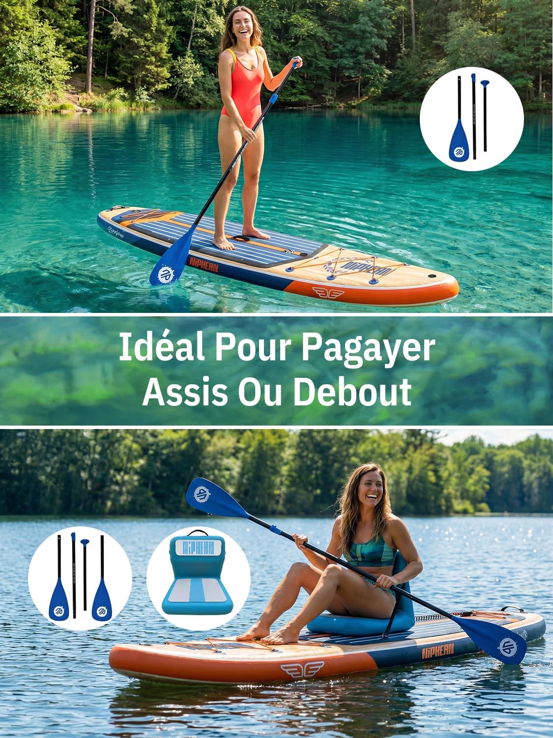 Niphean Extra Large Paddle Gonflable, Sup à 2+1 Personnes/Famille, Planches de Stand Up Paddle Gonflables avec (Idéal Débutant) Aileron Équilibré, Housse Étanche, Paddle Gonflable Adulte, Cadeaux