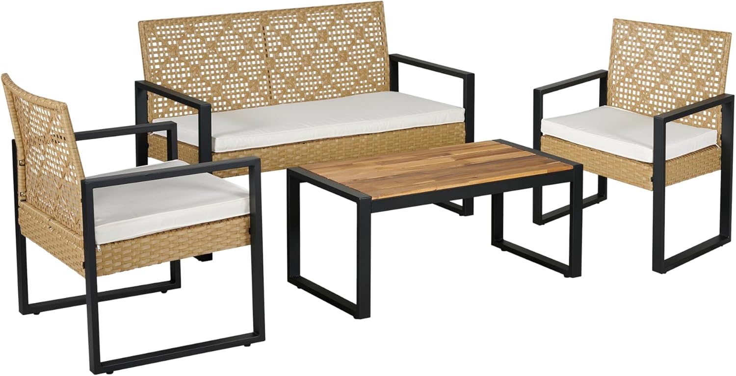 casa.pro - Salon de jardin 4 pièces, acier/acacia, 2 chaises + banc, beige/naturel