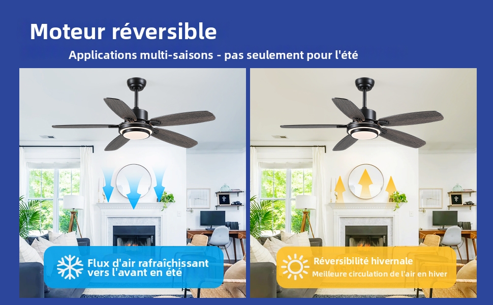 Le texte se lit comme suit : « Moteur réversible », « Applications multi-saisons - pas seulement pour l'été », « Flux d'air rafraîchissant vers l'avant en été », « Ventilation thermique en hiver ». Ventilateur de plafond réversible présenté en deux configurations pour les modes de refroidissement estival et hivernal avec indicateurs directionnels de débit d'air.