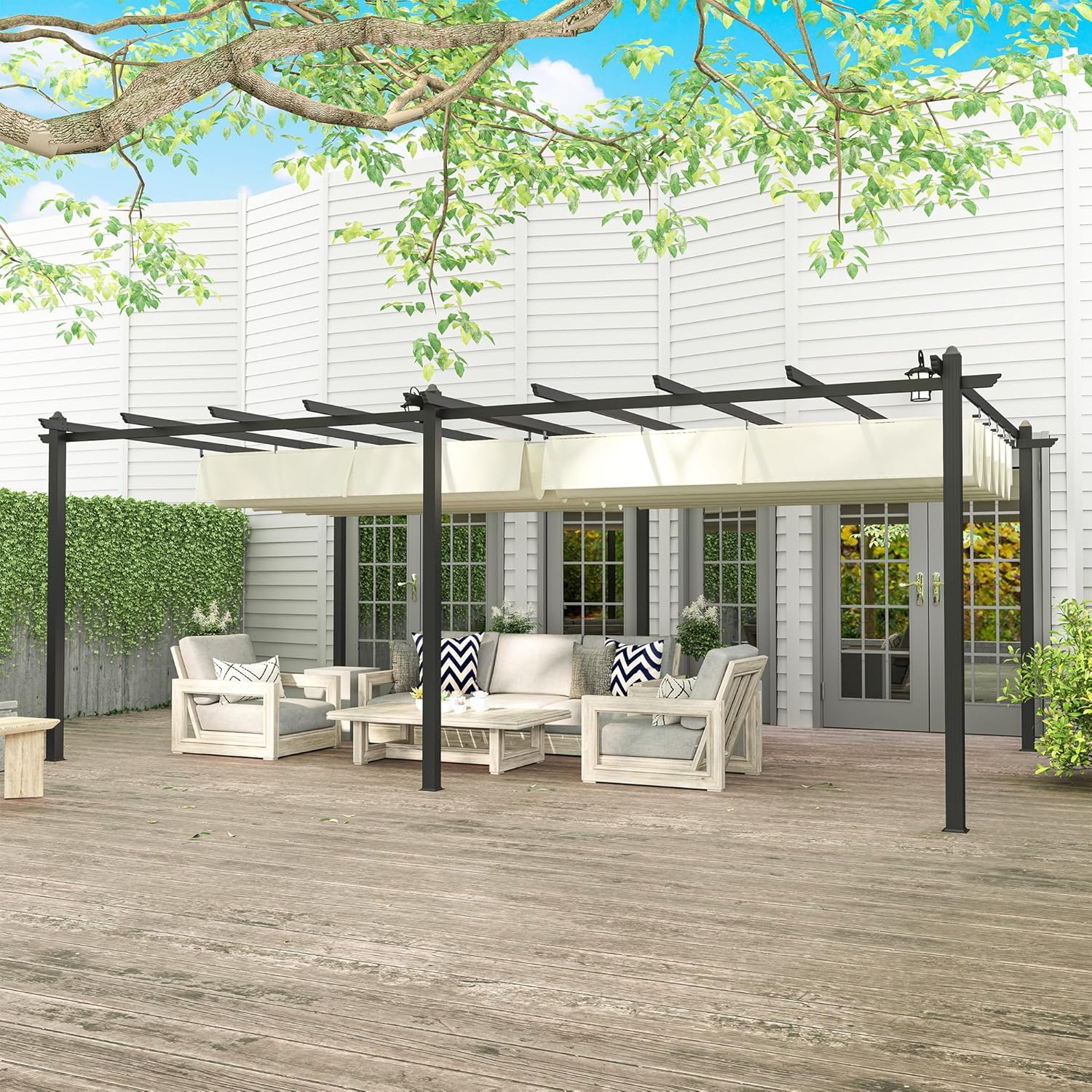 Outsunny - Pergola 3,6x6m - aluminium, toile rétractable, beige