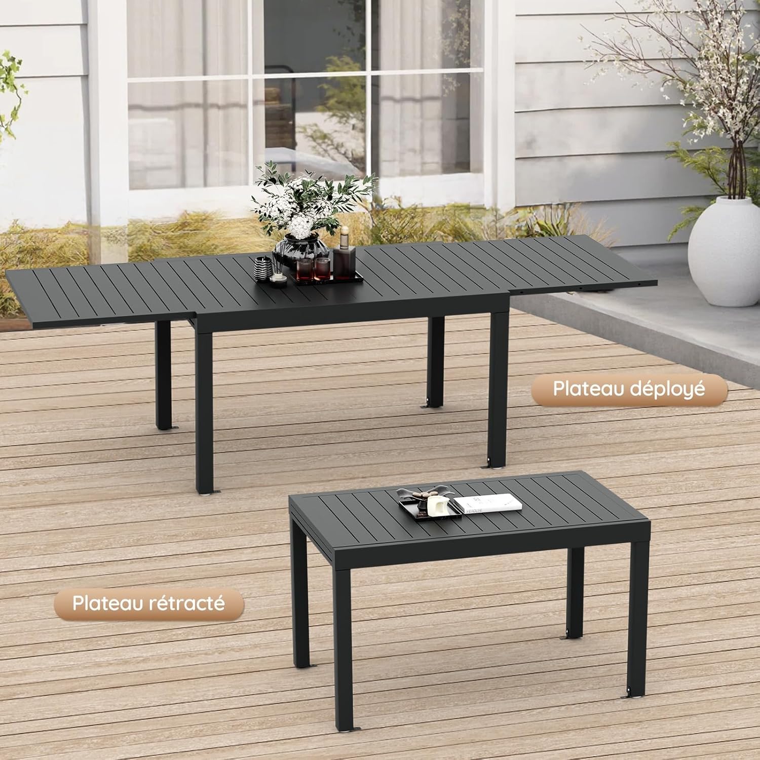 Devoko - Table de jardin extensible - 130/260x80x75 cm - Aluminium, résistante intempéries, extérieur, gris