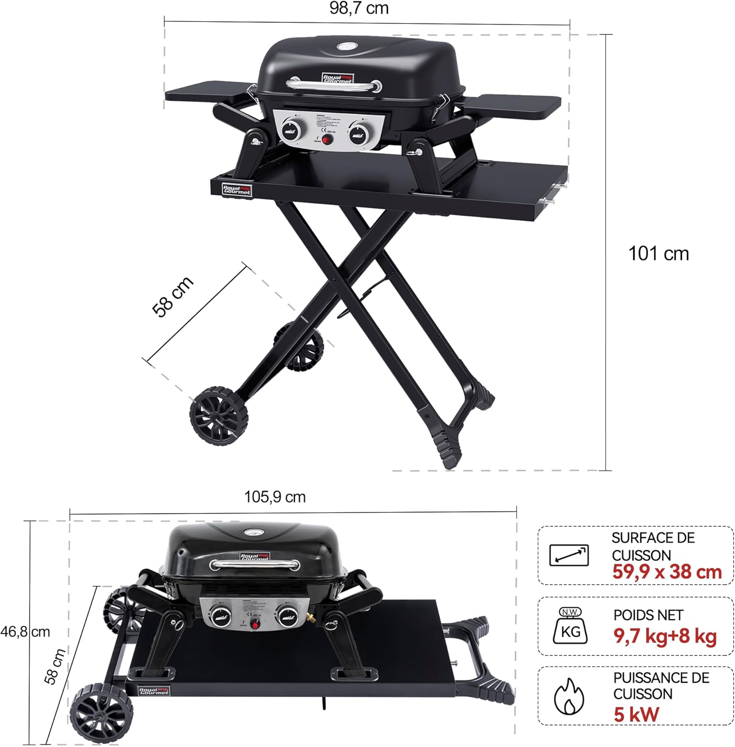 Royal Gourmet - barbecue gaz portable - 48x37 cm - 2 brûleurs, tables pliantes, chariot détachable, 5kW