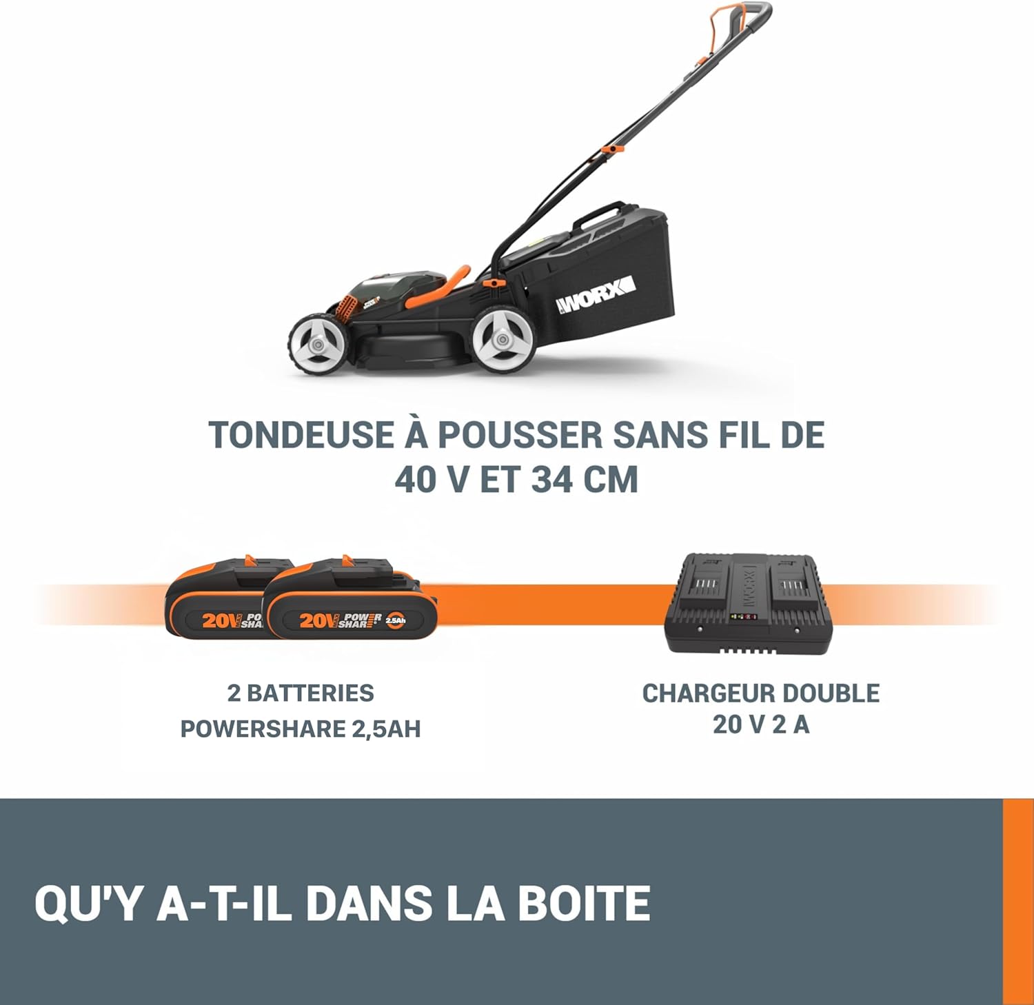 WORX - tondeuse sans fil 34 cm, 40V, 230m², 6 hauteurs, légère WG779E.1