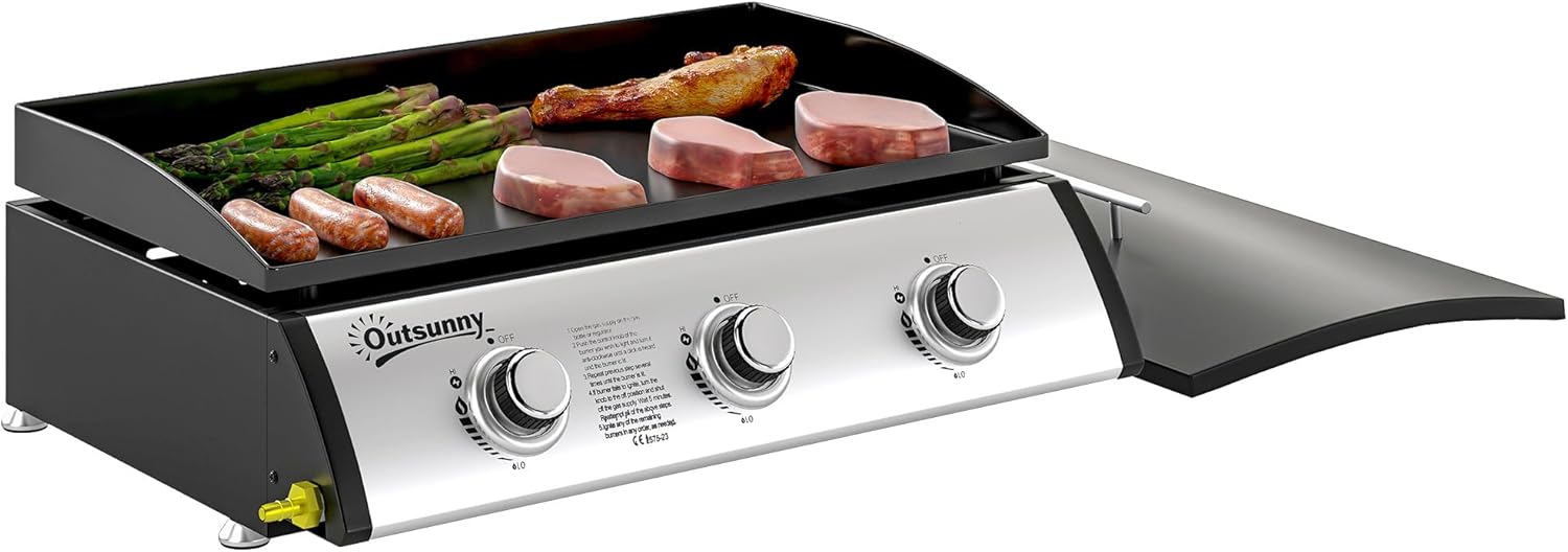 Outsunny - Plancha gaz 3 brûleurs, 61x35,5cm, couvercle, portable, 7,5kW