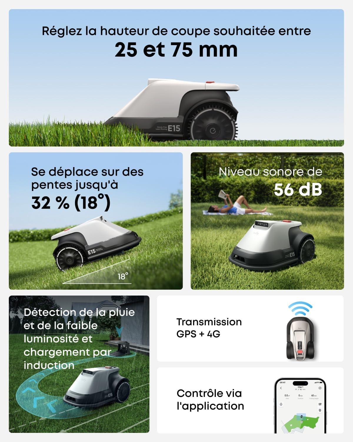 eufy - E15 Robot Tondeuse - 800 m² - sans fil, cartographie smart, contourne obstacles, installation rapide, E15