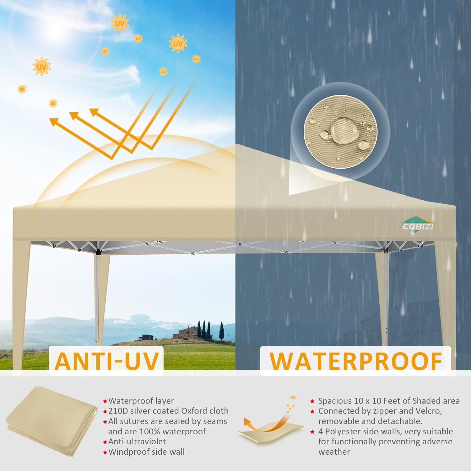 COBIZI - tonnelle de jardin 3x3m, 4 panneaux amovibles, imperméable, anti-UV