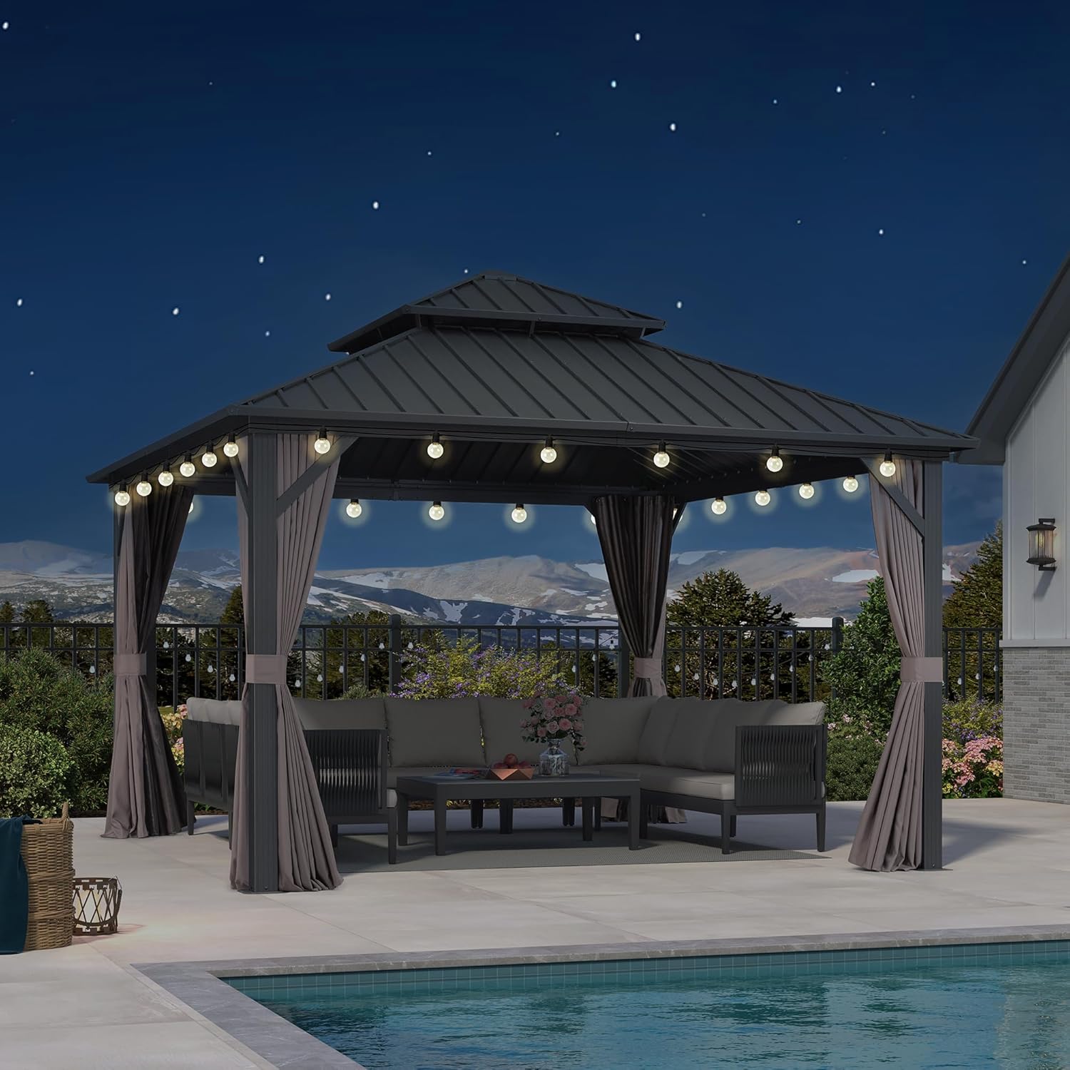 PURPLE LEAF Tonnelle de Jardin Extérieur 3,65 x 3,65 m avec Guirlande Lumineuse, Pavillon Aluminium à Double Toit en Acier Galvanisé, Pergola Jardin Extérieur avec Rideaux pour Fête, Barbecue, Gris
