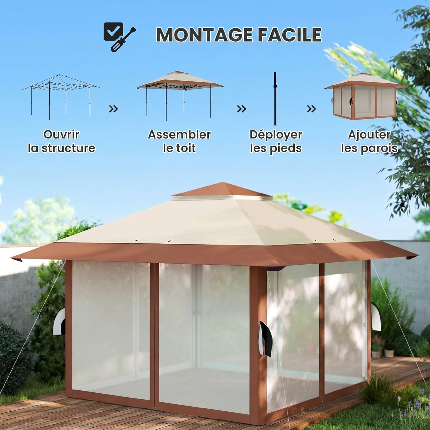 Outsunny - Tonnelle pliante - 4x4 m - parois filet, UV50+, réglable, sac roues