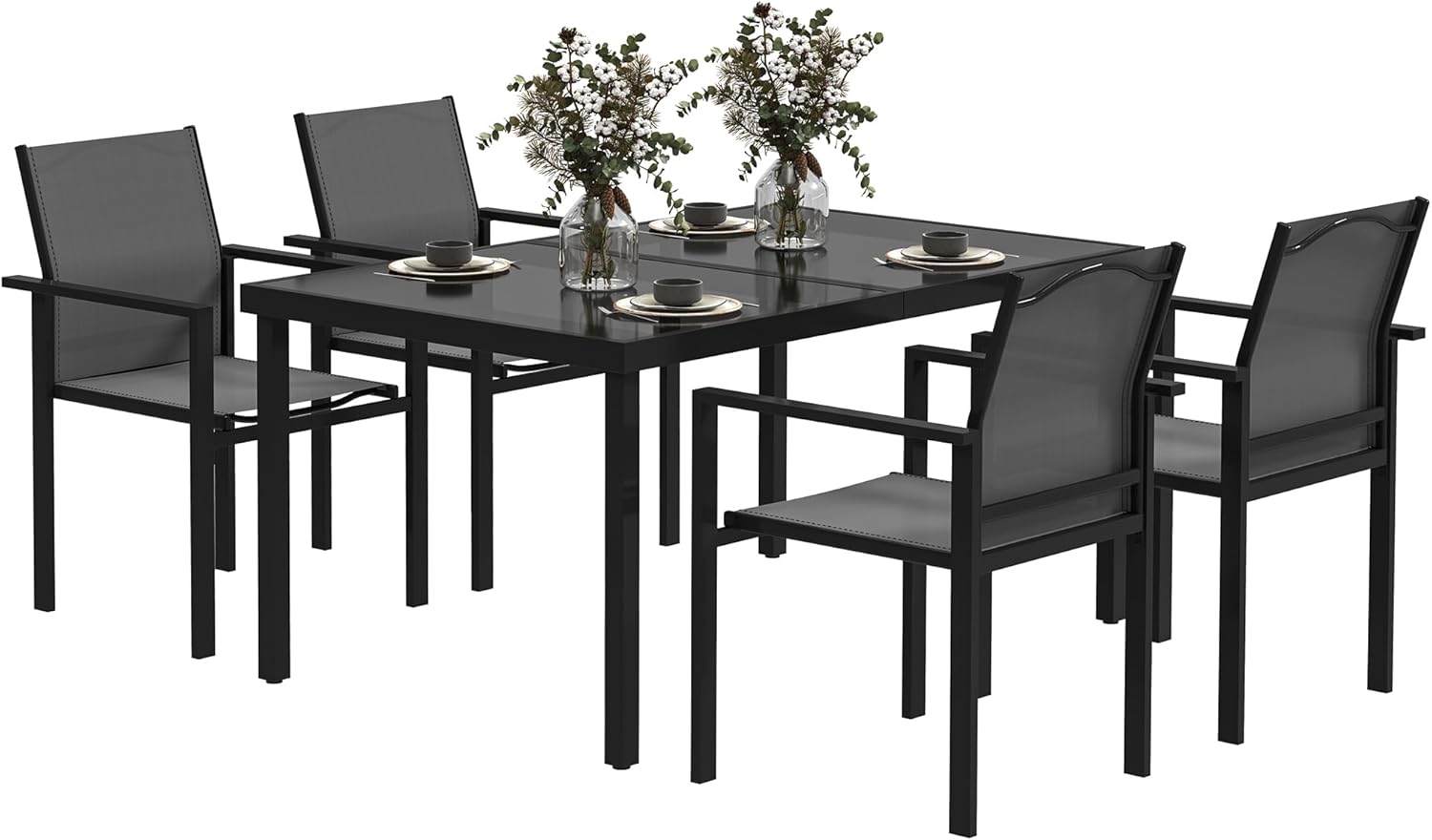 Outsunny - salon de jardin extérieur 4 places - table verre 140 cm, chaises empilables, noir