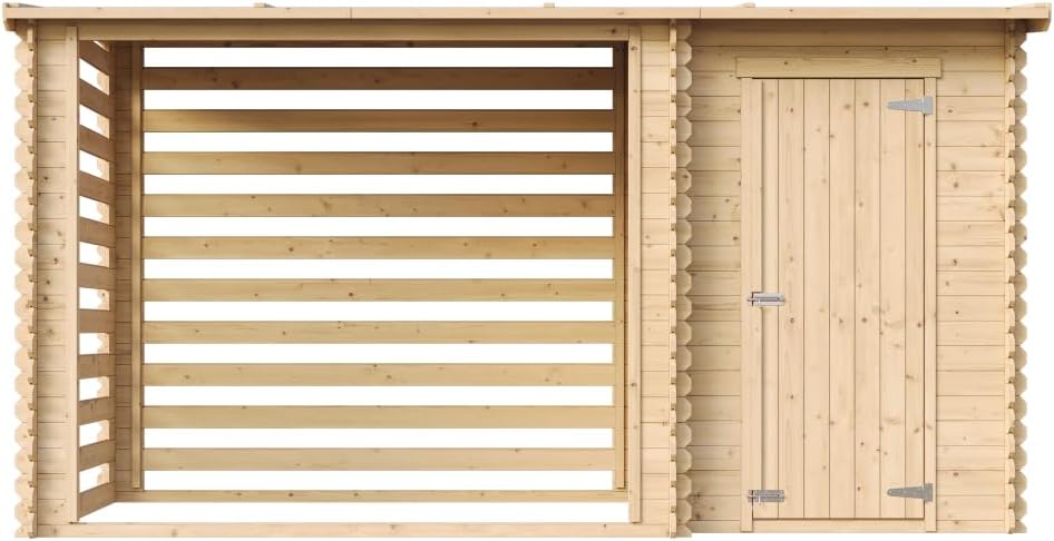 TIMBELA M205 Abri de Jardin+ Chalet pour vélos/Bucher/Abri conteneur - Cabane de Jardin avec Toit Plat - 344 x 130 cm - 2,54 m2+1,1 m2