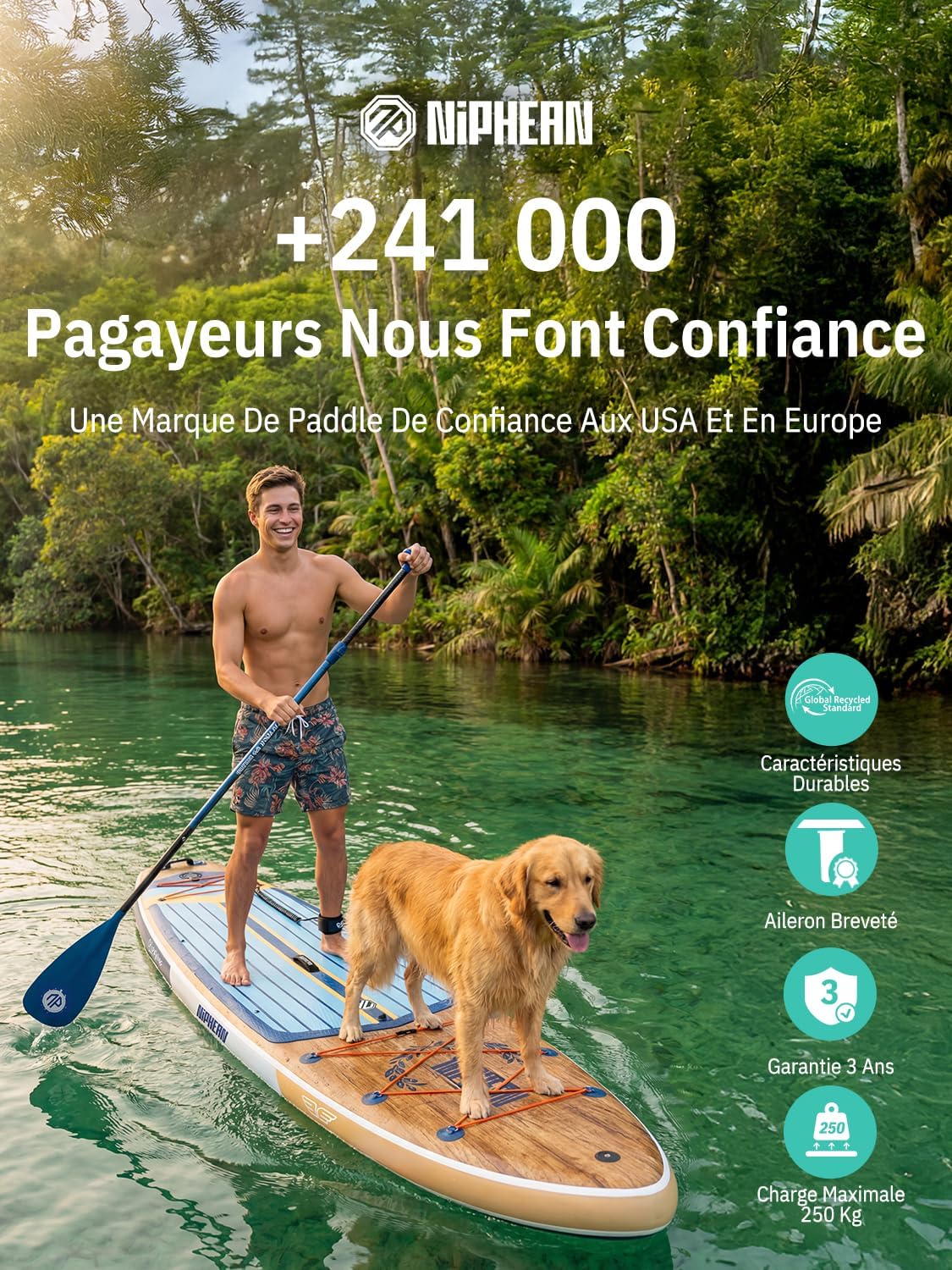Niphean - Extra Large Paddle - XXL - 2+1 personnes, housse étanche, aileron équilibré