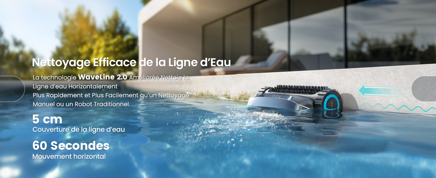 Le texte se lit comme suit : « La licorne imperméable est un plaisir à utiliser chez vous », « Résistant à l'eau », « 5 cm », « 60 secondes ». Scène de piscine extérieure démontrant les performances d'un produit imperméable avec des spécifications : profondeur nominale de 5 cm, fonctionnalité en 60 secondes, conception résistante aux intempéries pour les activités nautiques.