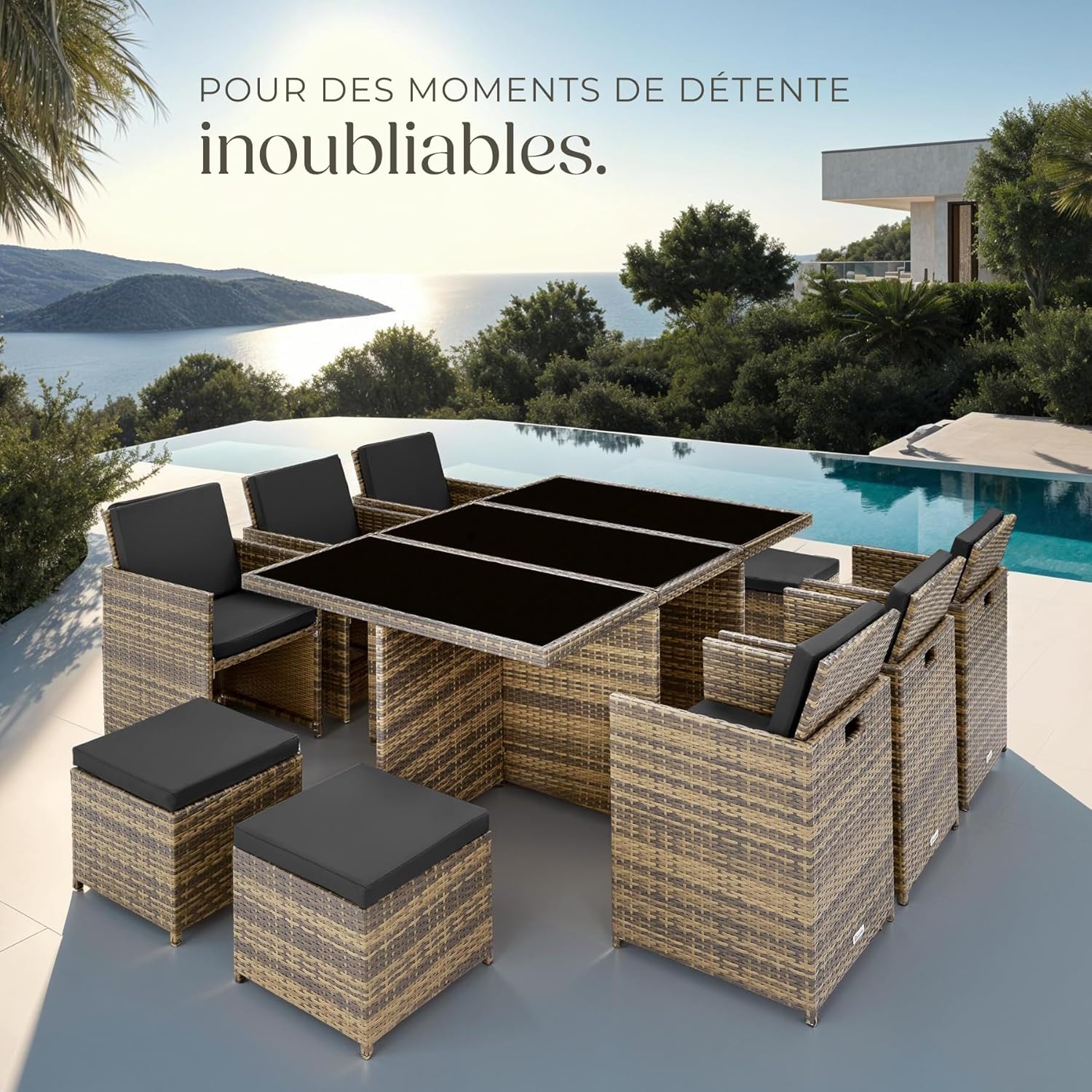 tectake - Salon de jardin résine tressée 10 places - Aluminium, housses et protection, Marron naturel