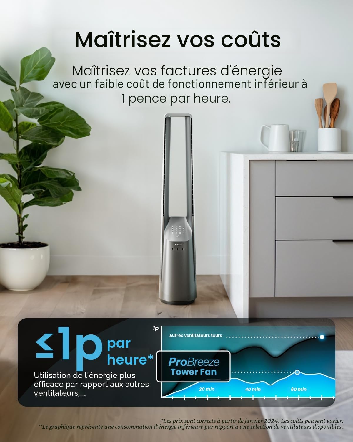 Pro Breeze - Ventilateur tour 101 cm, 6 vitesses, oscillant, silencieux