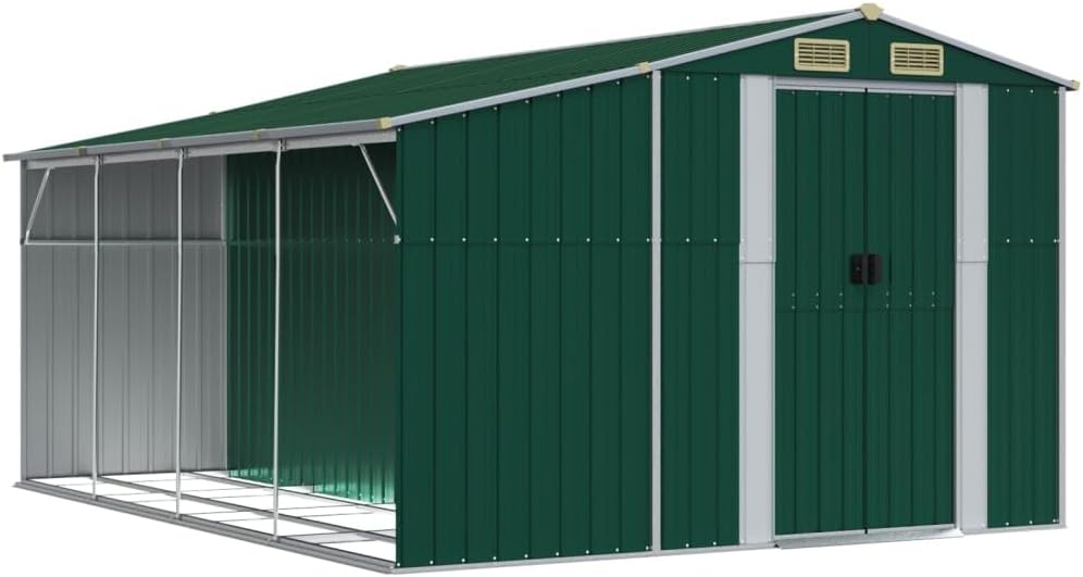 vidaXL Abri de Jardin, Cabane à Outils avec Poignées, Remise à Outils avec Toit Inclinable, Abri de Rangement Terrasse, Vert 277x365,5x179 cm Acier Galvanisé