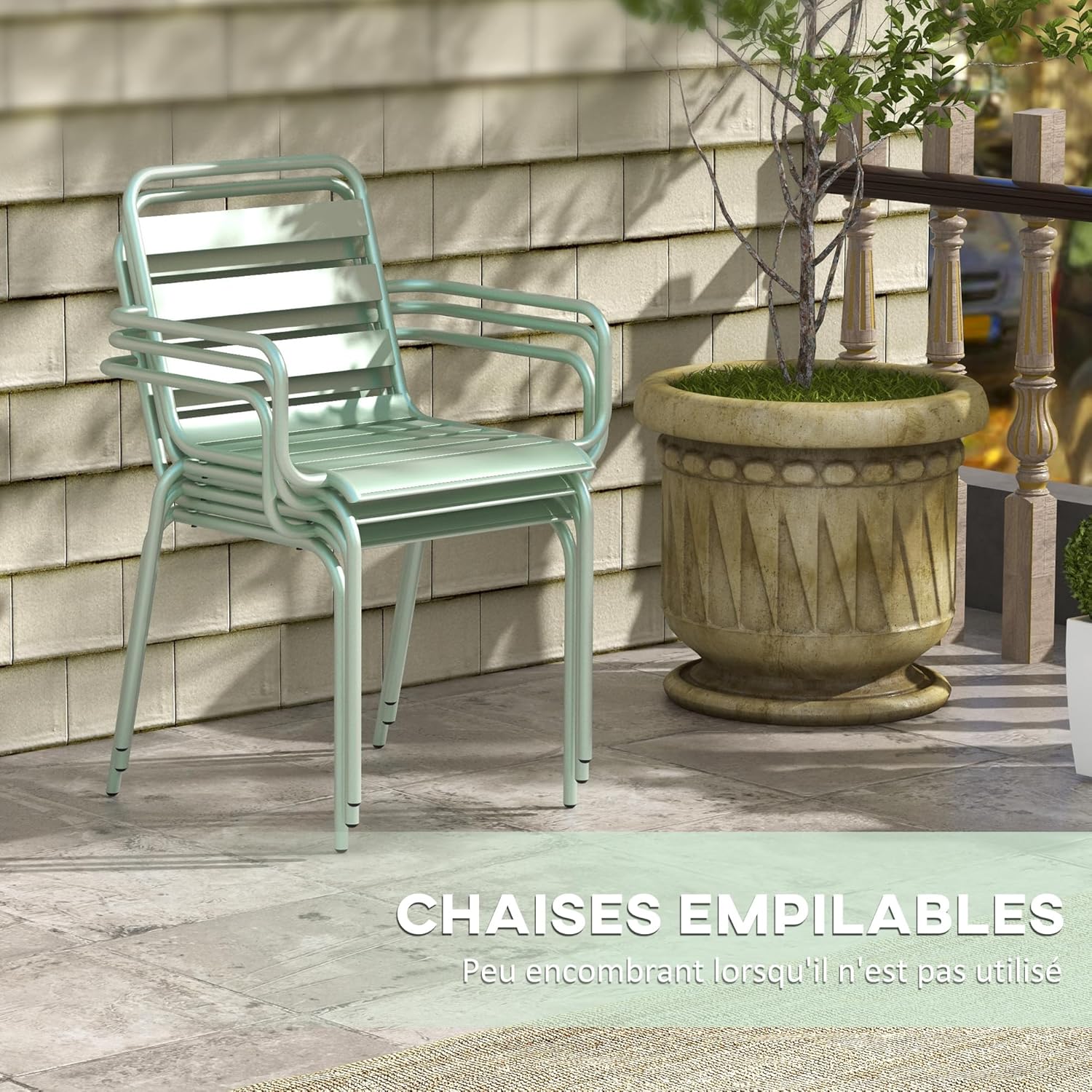 Outsunny - Salon de jardin 5 pièces - table + 4 chaises acier vert clair - chaises empilables