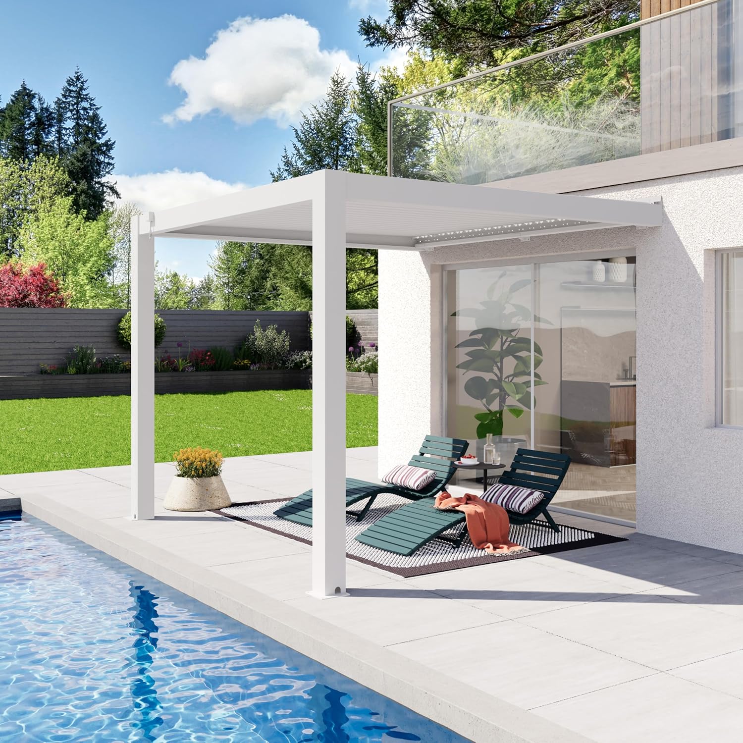 PRIMEYARD - pergola adossée - 3x3 m - alu blanc, lames orientables