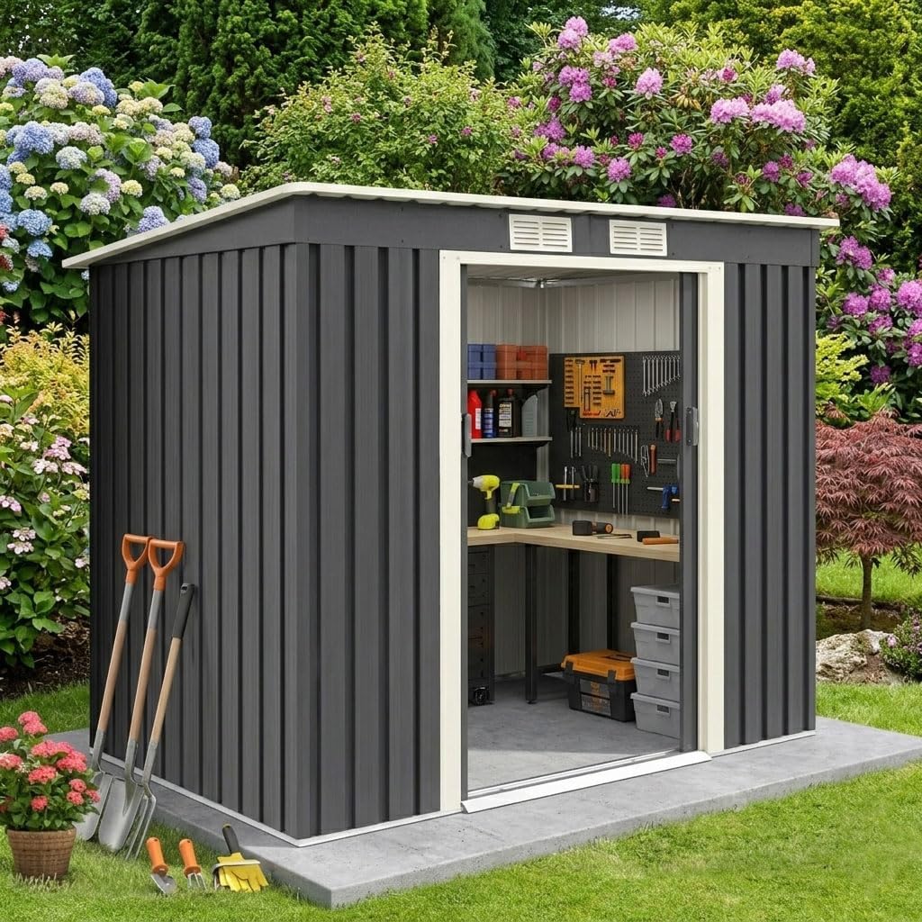 GOPLUS 2,37M² Abri de Jardin en Acier Galvanisé Résistant 4,1m³, 213x130x173CM, Cabane de Jardin Exterieur avec 2 Portes Coulissant, 2 Aérations, Toit Incliné, Rangement Outils pour Pelouse, Patio