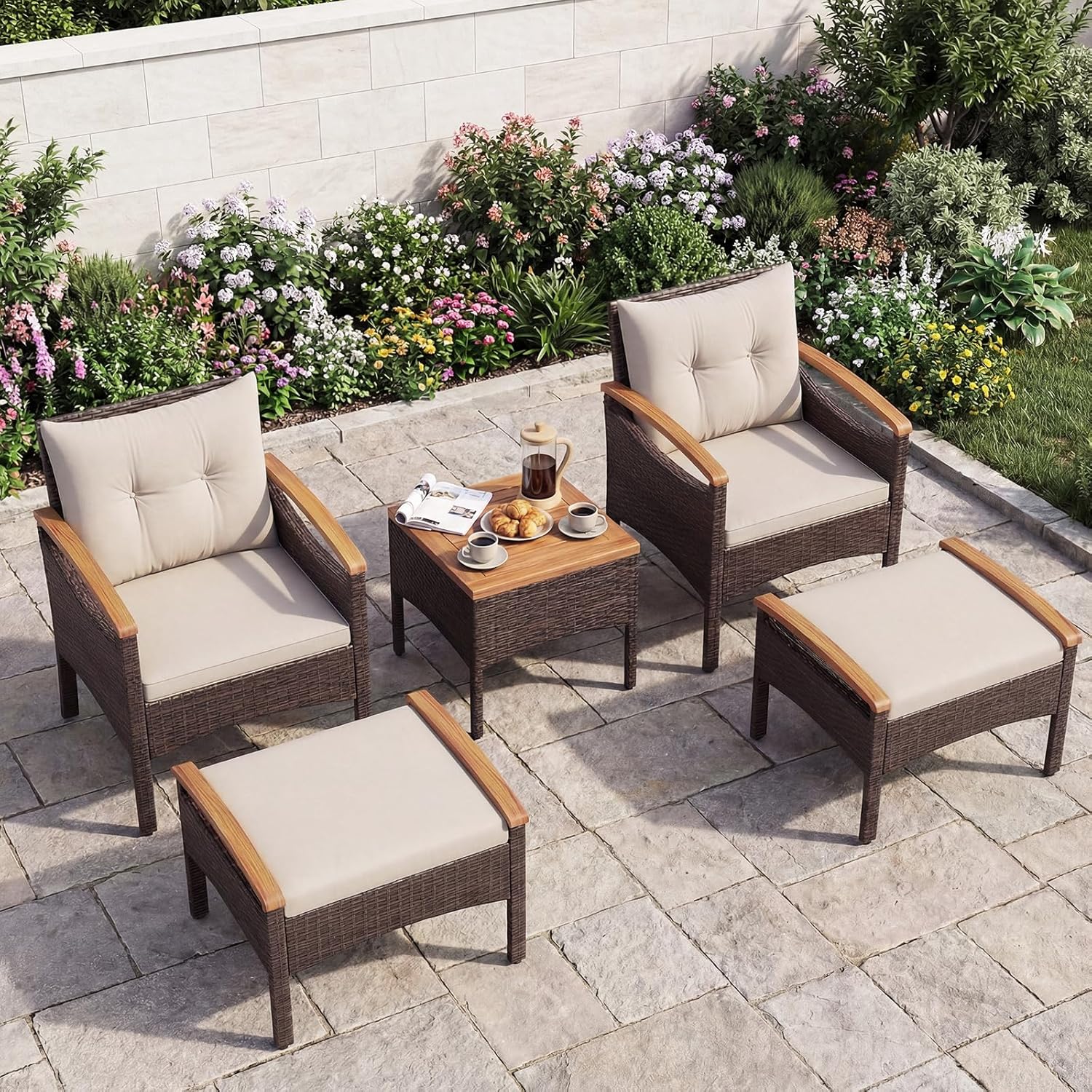 Costway - Salon de jardin 5 pcs - Acacia - Rotin beige, coussins épais