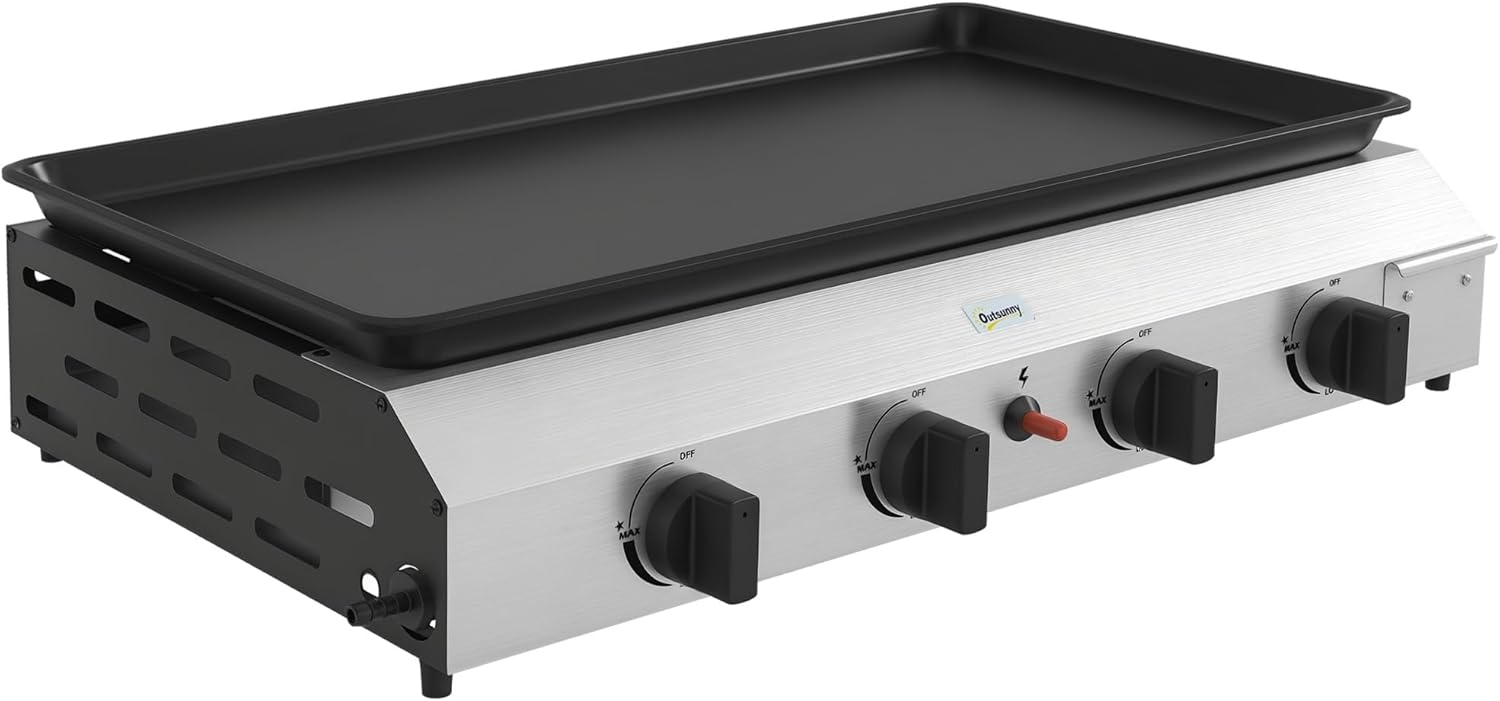 Outsunny - plancha 4 brûleurs - 73x34 cm - acier inox émaillé, 9,6kW, grande surface