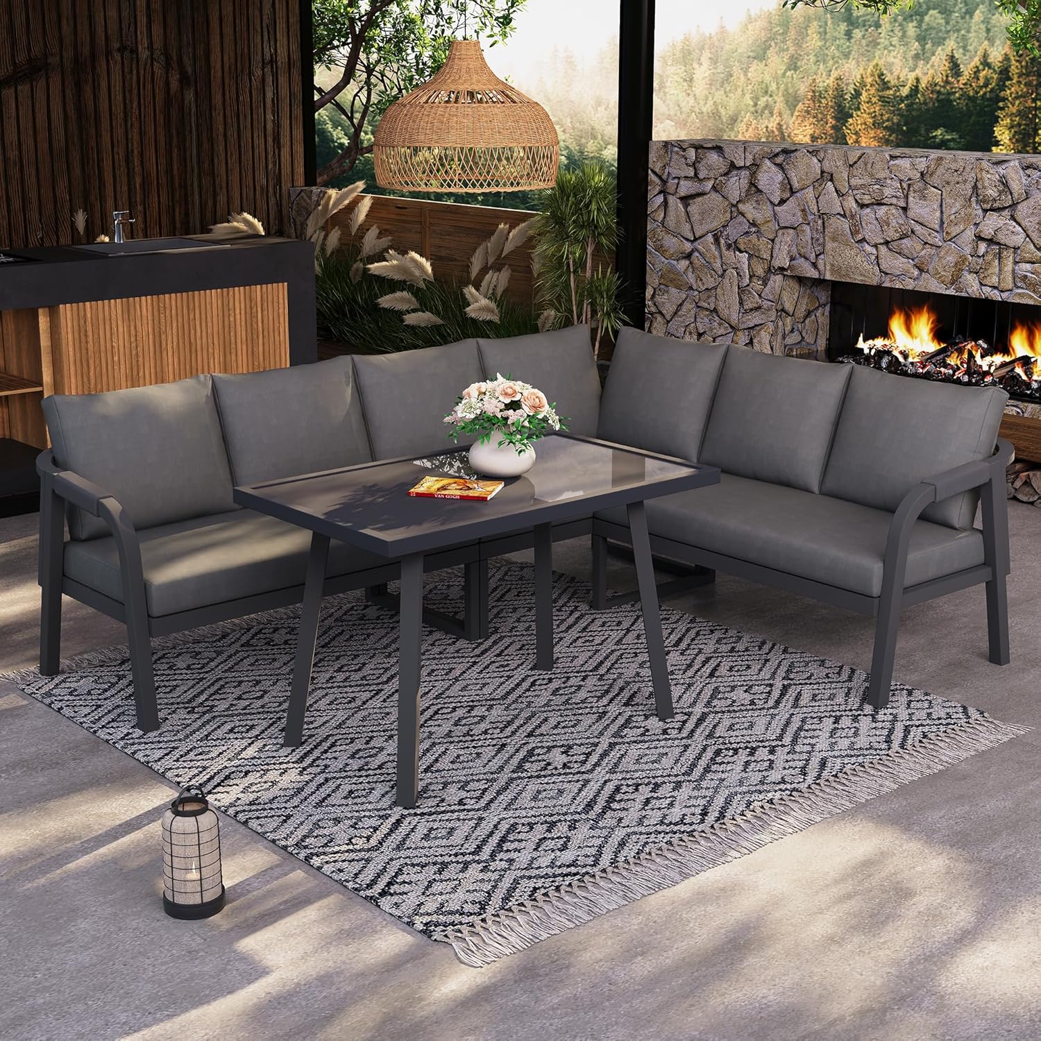 Sapgaks - Ensemble Salon de jardin 6 places, acier, dossiers tressés - M-Gris