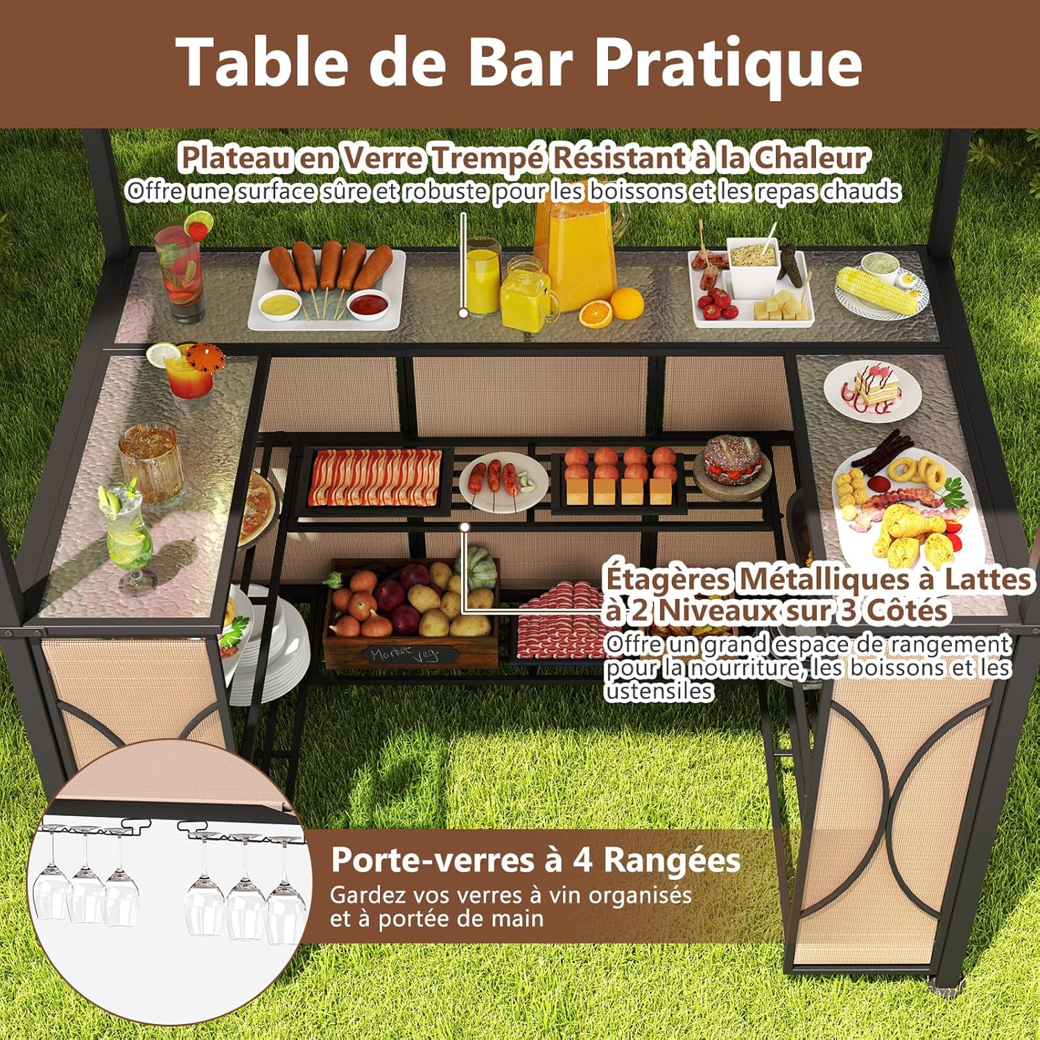 COSTWAY - Tonnelle barbecue avec tabourets, 194x121x242 cm, métal et verre