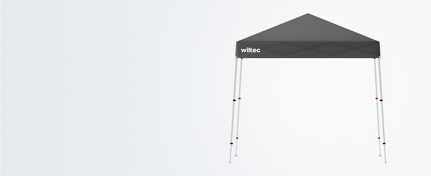 Tente à baldaquin portable grise avec dessus incliné et pieds en métal, sur fond blanc