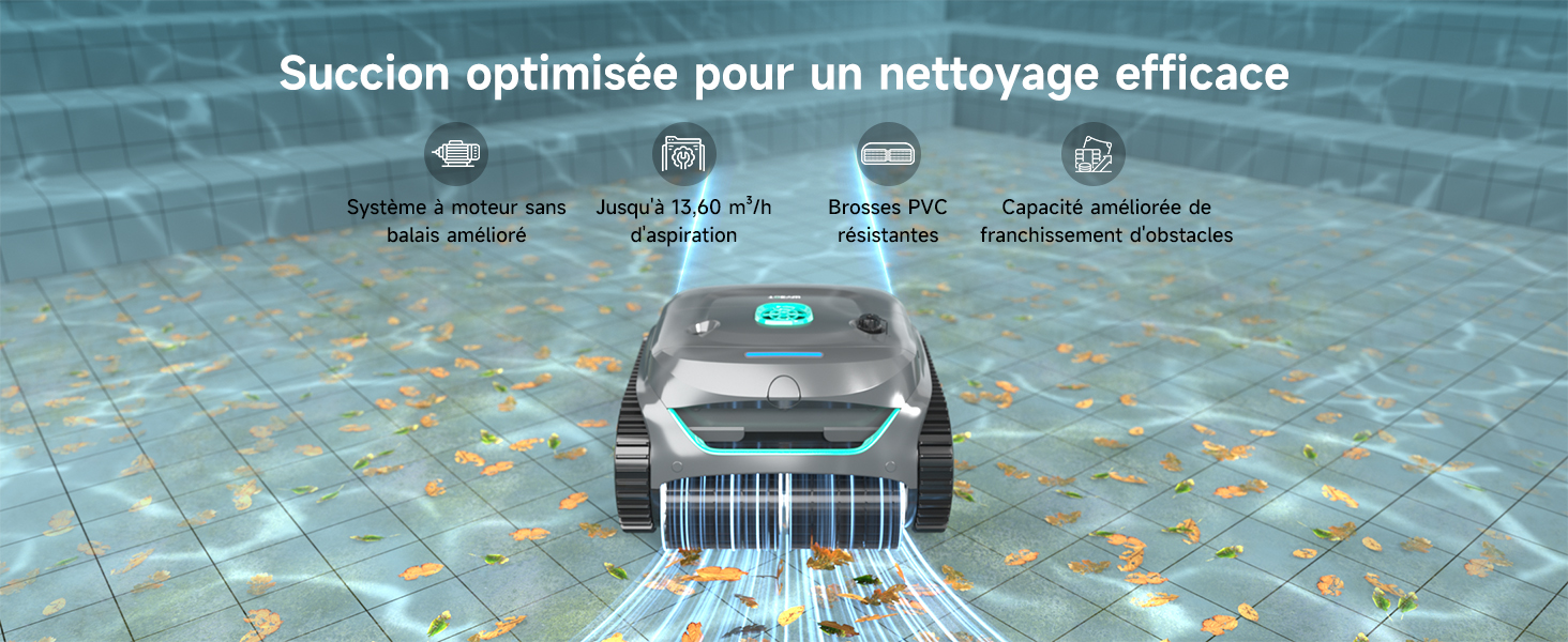 Le texte indique « Succion optimisée pour un nettoyage efficace » (Aspiration optimisée pour un nettoyage efficace). Nettoyeur de piscine robotique sur une surface sous-marine carrelée avec des icônes caractéristiques et des spécifications françaises.