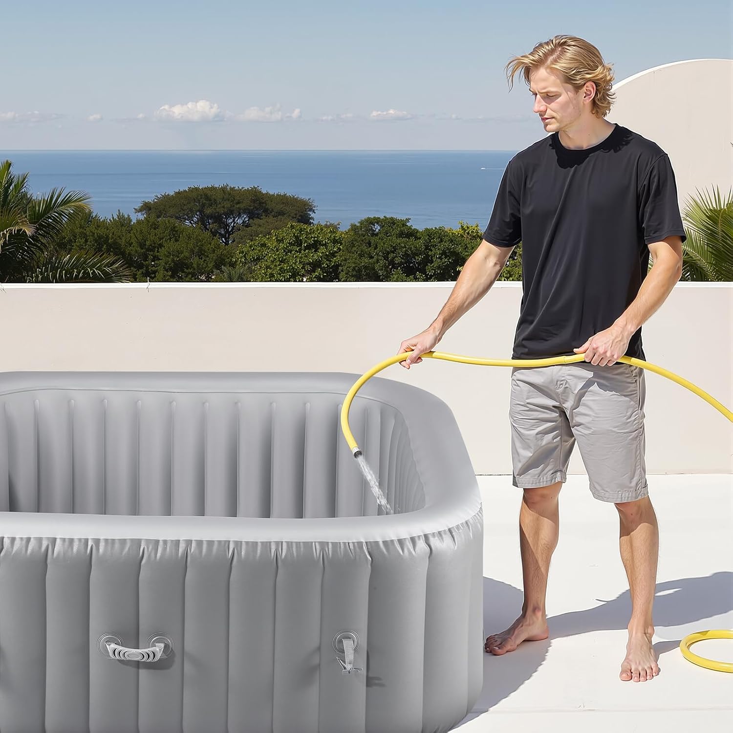 VEVOR Spa Gonflable Carré Capacité 4-6 Personnes, Bains à Remous d’Extérieur Portable 185x66 cm, avec 130 Jets Apaisants, Filtre, Couverture et Tapis, en PVC, Panneau de Commande Multifonction, Gris