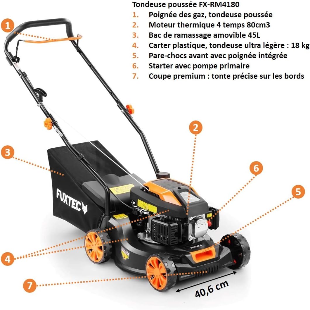 FUXTEC - Tondeuse thermique poussée série RM4180 - 40,6cm - légère, compacte, bac 45L - FX-RM4180