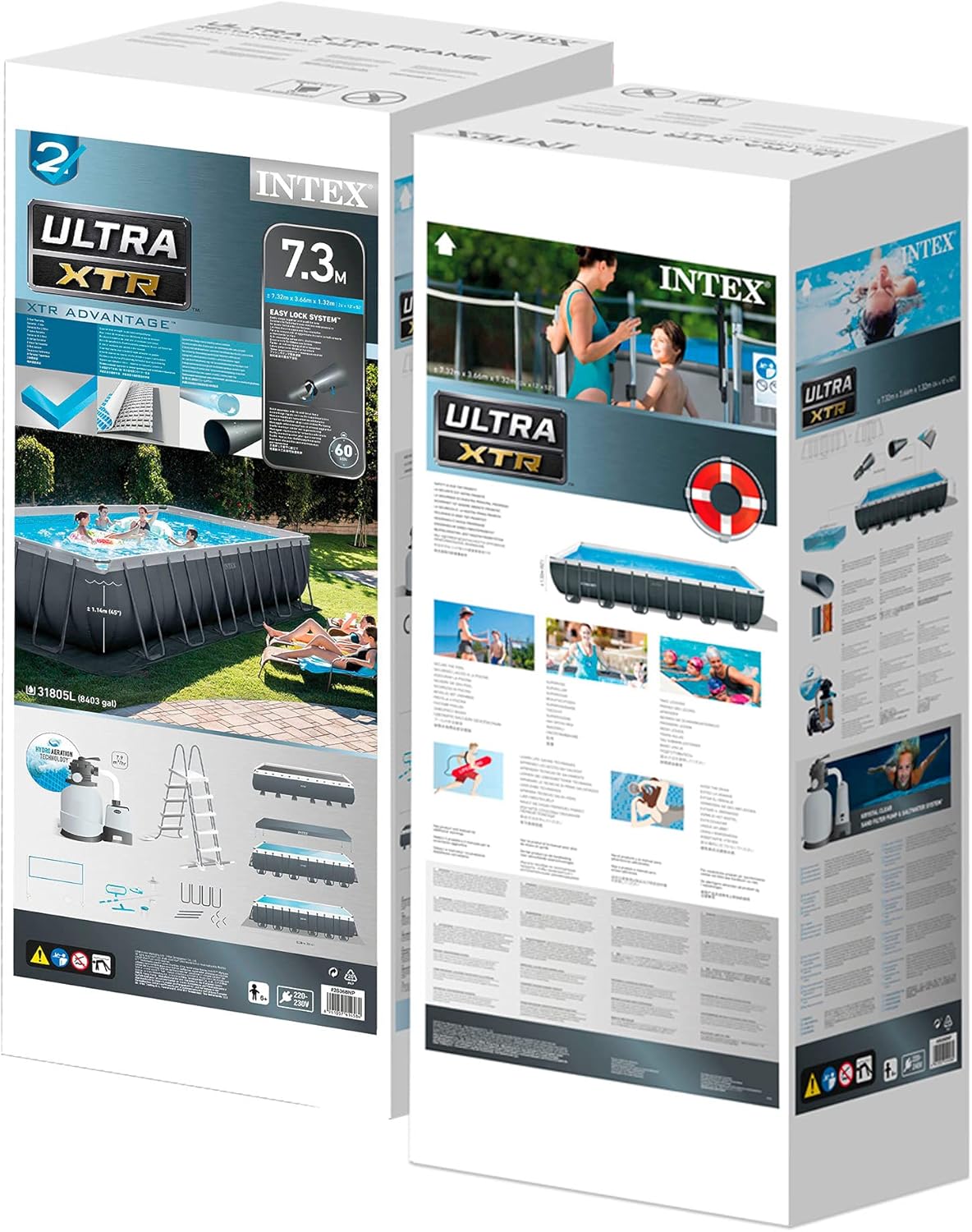Intex 26368NP – Piscina Fuori Terra Ultra XTR Frame Rettangolare, Pompa Filtro 7900 L/h, Scaletta, Telo Base e Copertura, Kit Pulizia Deluxe e Set Volley, 31805 L, Acciaio e PVC, Grigio, 732x366x132cm