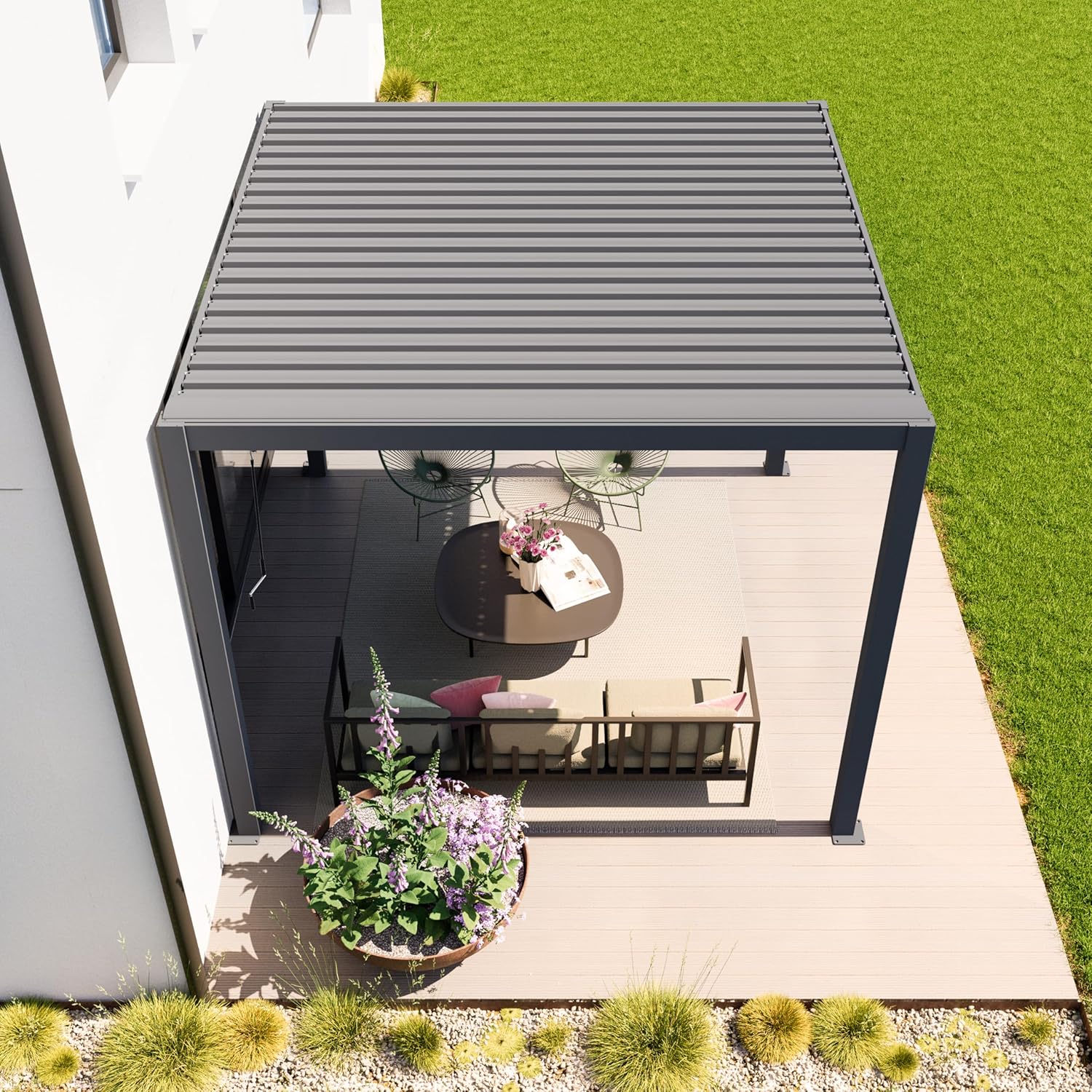 PRIMEYARD - Pergola série aluminium - 3x3 m - Lames acier orientables - Gris