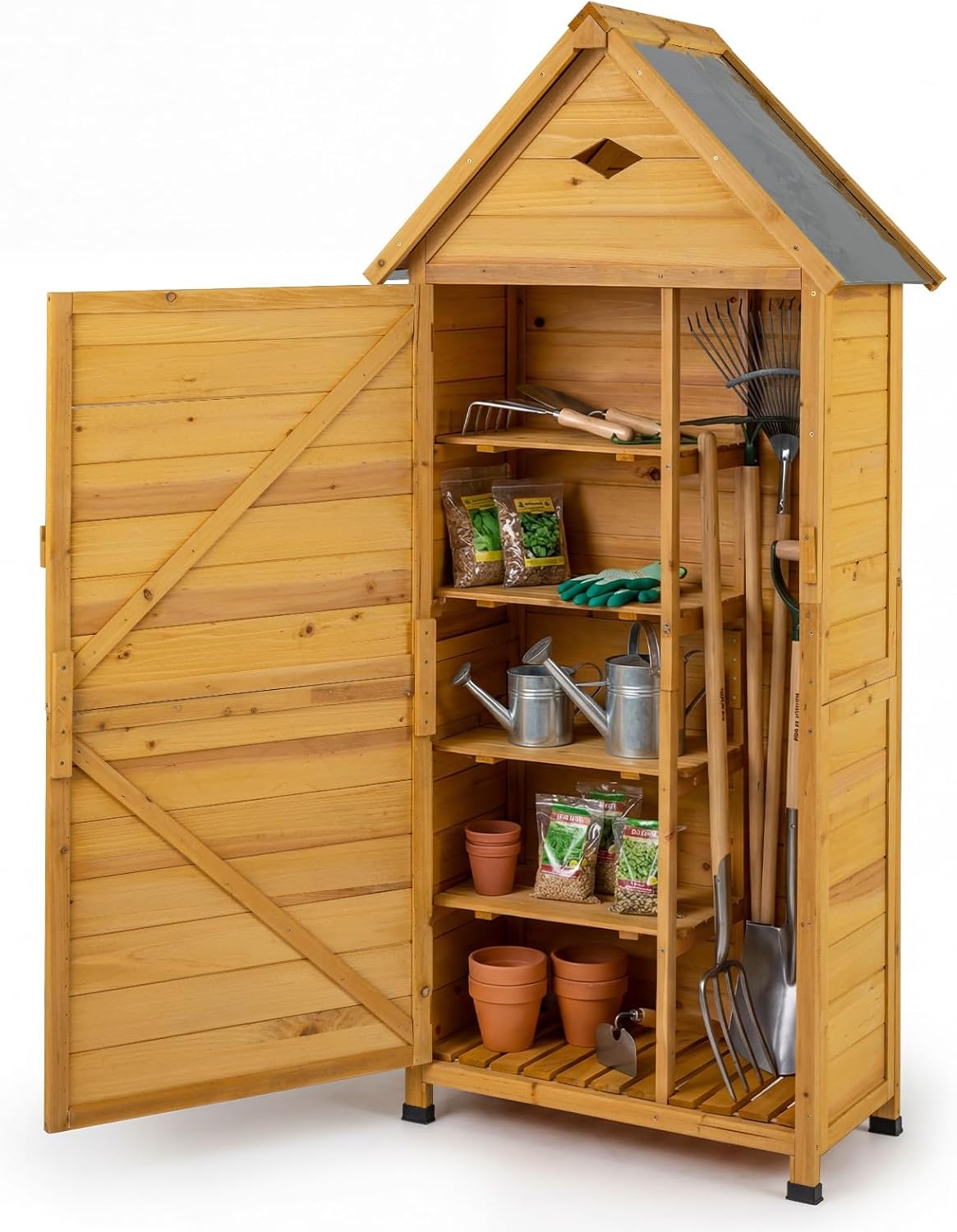 COSTWAY Armoire de Jardin Bois, Abri de Jardin Bois Extérieure avec Porte Verrouillable, Plancher, 4 Étagères Amovibles, Ventilation, Toit en Pente, pour Terrasse, Jardin, Balcon